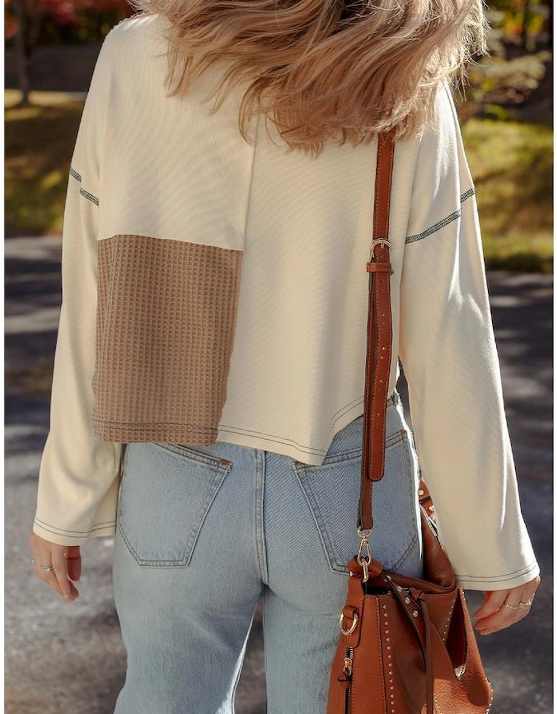 Beige Color Block Waffle Knit Stitch Detail Long Sleeve Top, 13 of 12