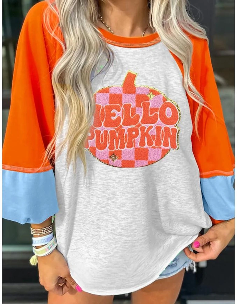 Light Grey HELLO PUMPKIN Patched Graphic Colorblock Bubble Sleeve Raglan Top