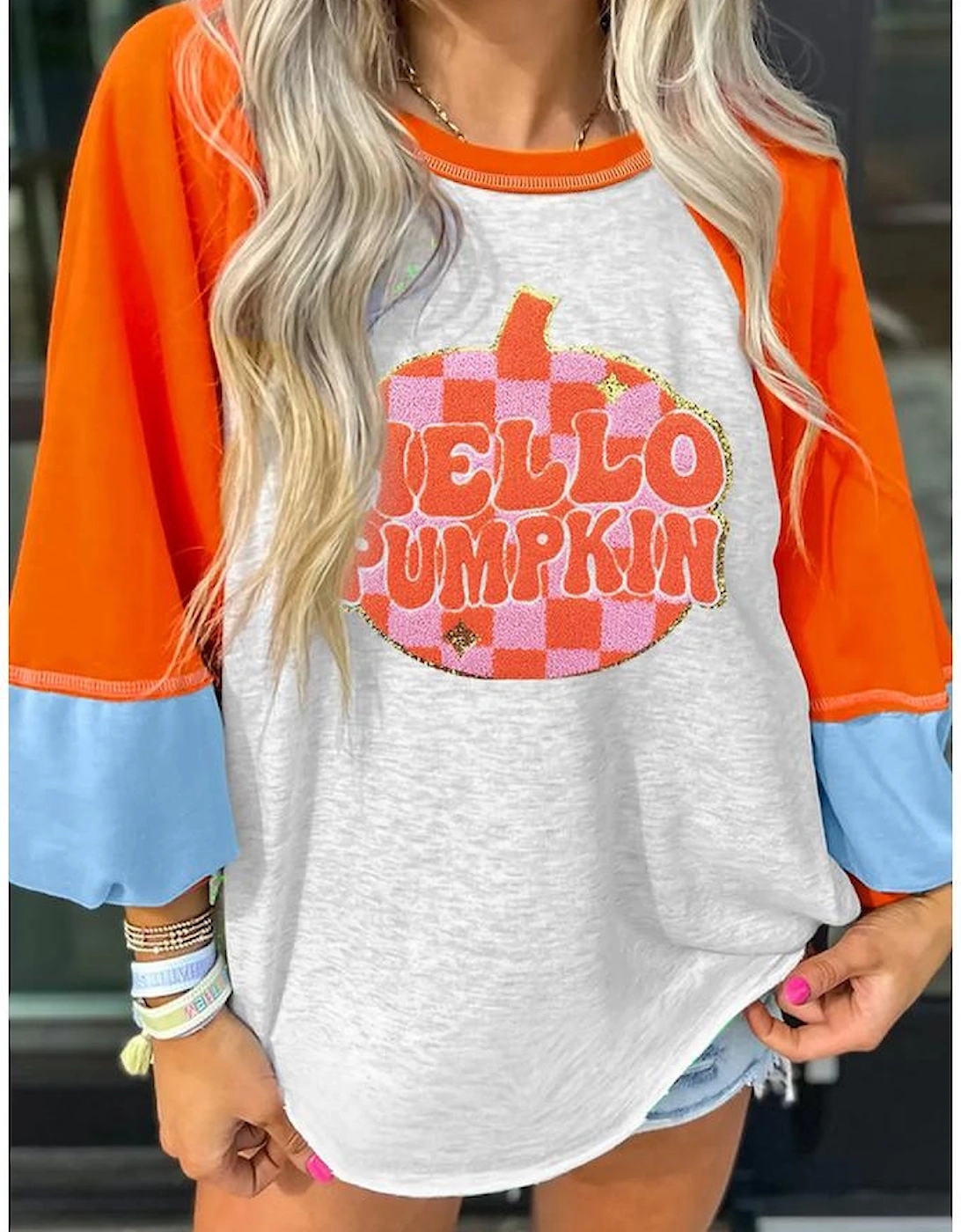 Light Grey HELLO PUMPKIN Patched Graphic Colorblock Bubble Sleeve Raglan Top