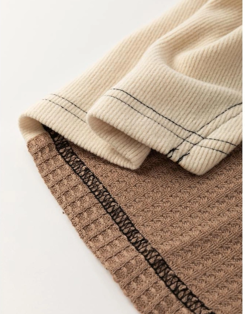 Beige Color Block Waffle Knit Stitch Detail Long Sleeve Top