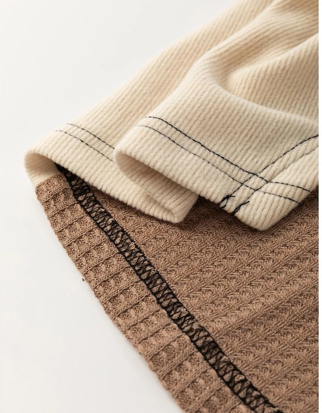 Beige Color Block Waffle Knit Stitch Detail Long Sleeve Top