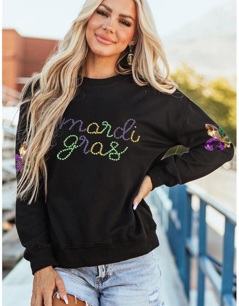 Black Ceramic Rhinestone mardi gras Letter Graphic Sweatshirt