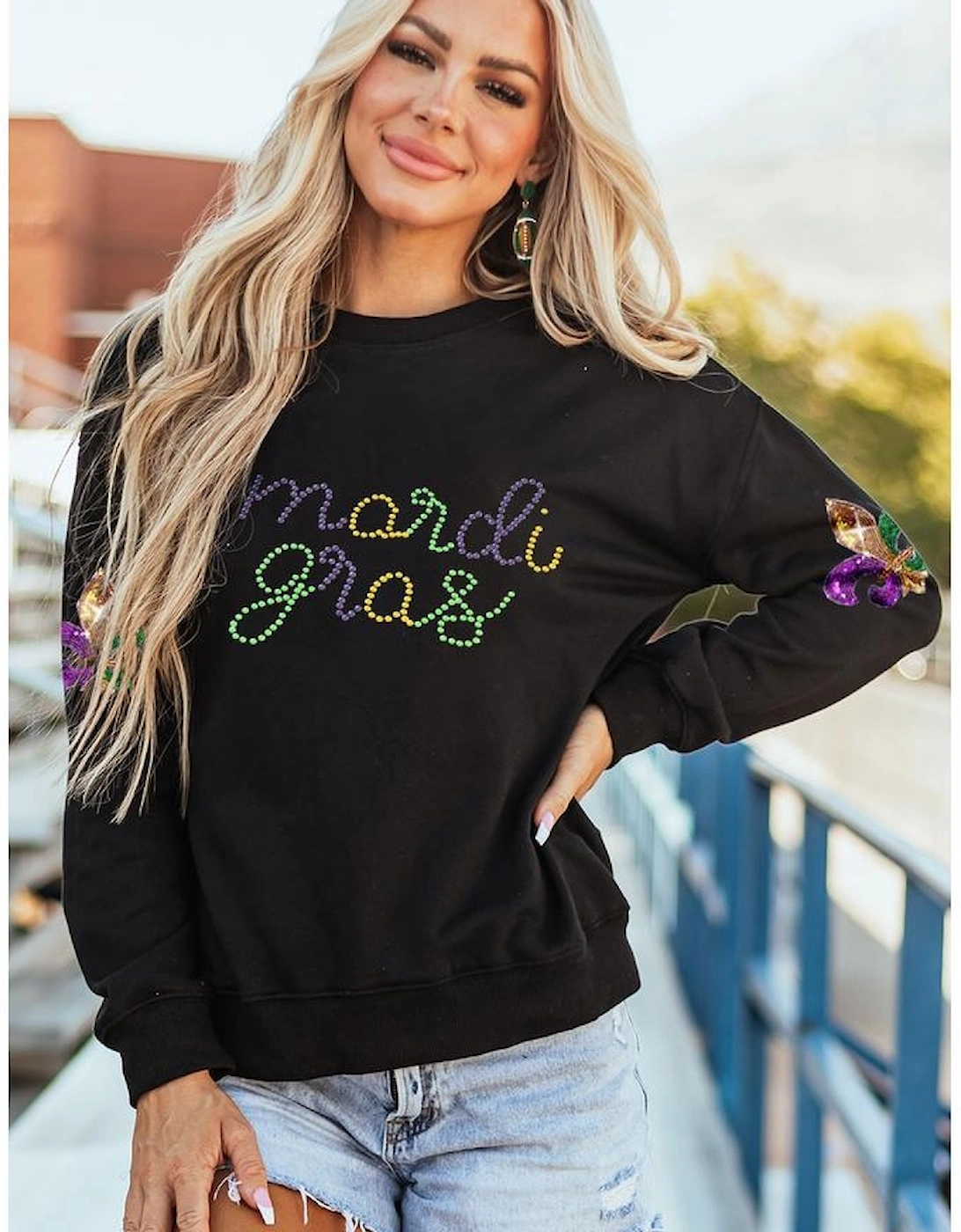 Black Ceramic Rhinestone mardi gras Letter Graphic Sweatshirt