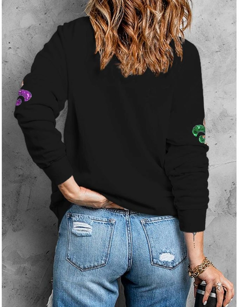 Black Ceramic Rhinestone mardi gras Letter Graphic Sweatshirt