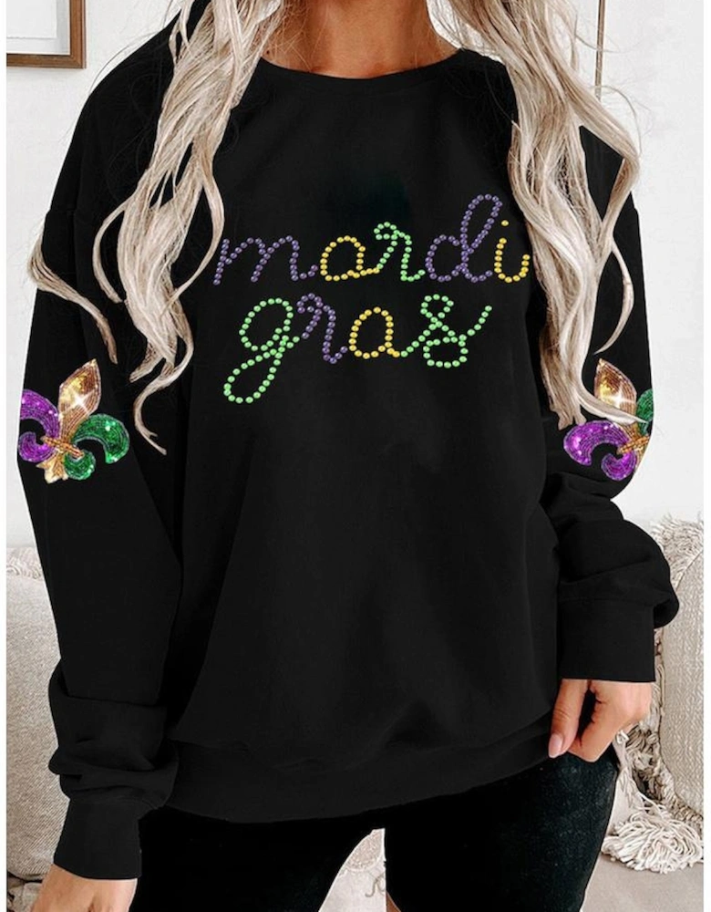 Black Ceramic Rhinestone mardi gras Letter Graphic Sweatshirt