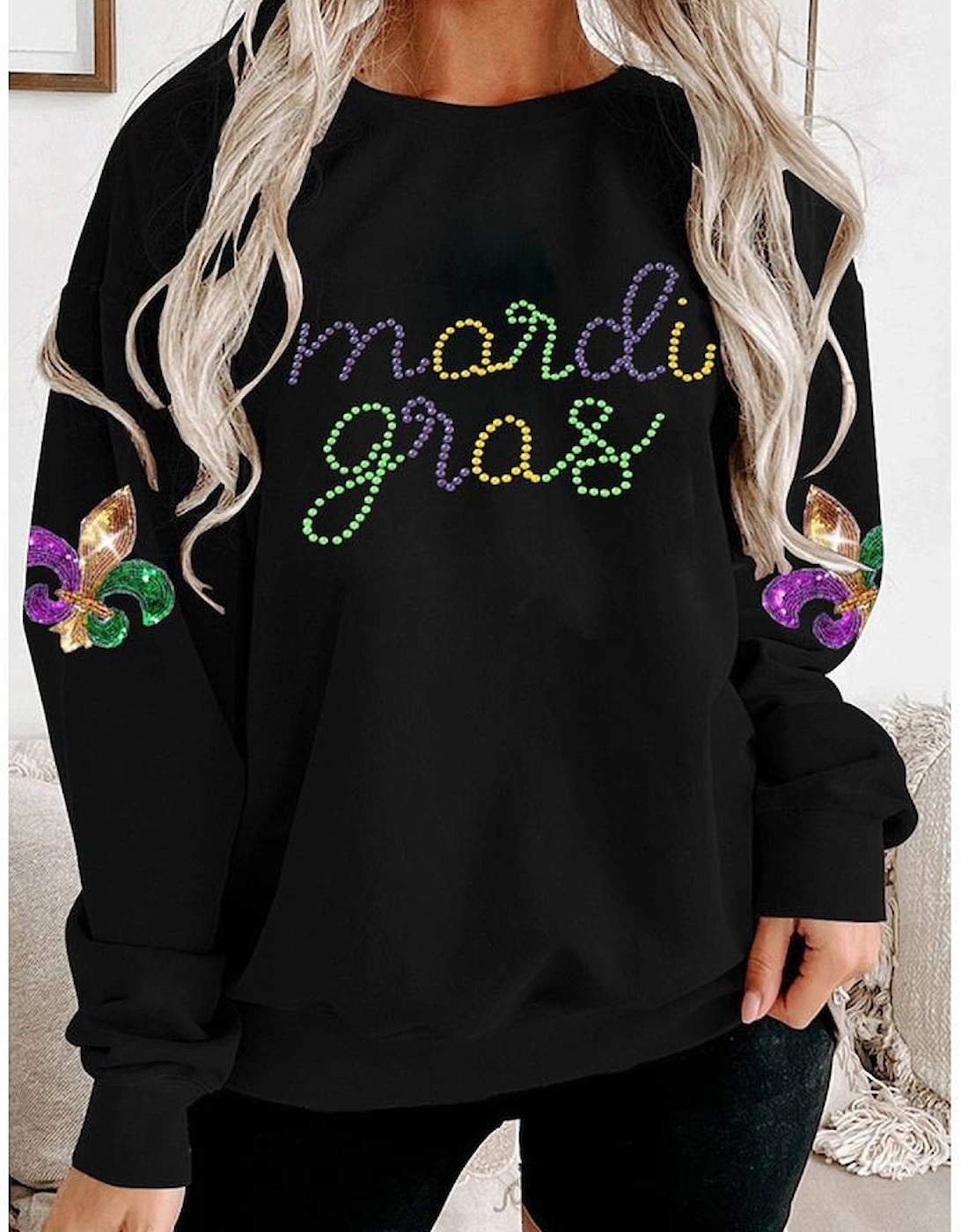 Black Ceramic Rhinestone mardi gras Letter Graphic Sweatshirt