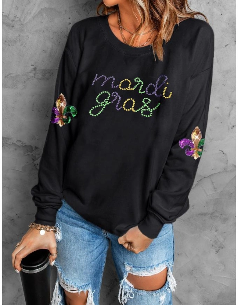 Black Ceramic Rhinestone mardi gras Letter Graphic Sweatshirt
