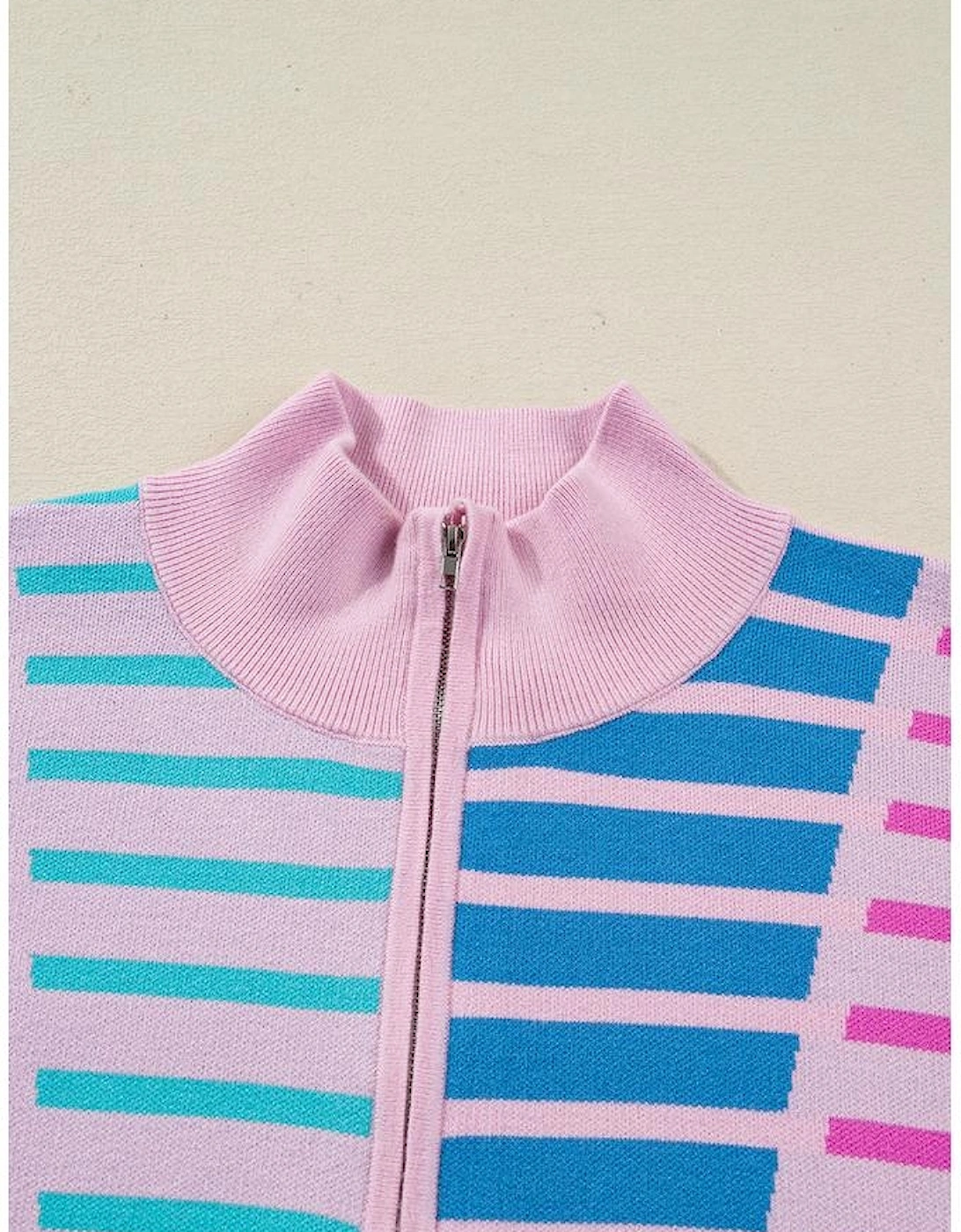 Sky Blue Stripe Colorblock Patchwork Plus Size Half Zip Sweater