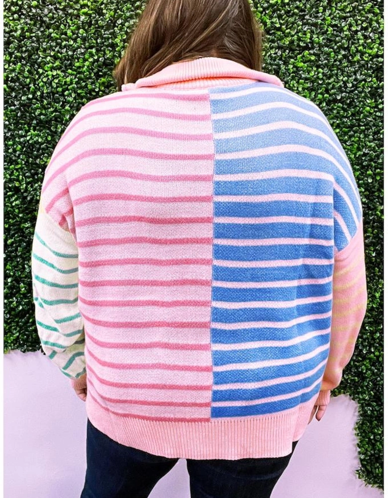 Sky Blue Stripe Colorblock Patchwork Plus Size Half Zip Sweater