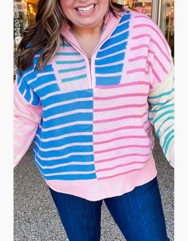 Sky Blue Stripe Colorblock Patchwork Plus Size Half Zip Sweater