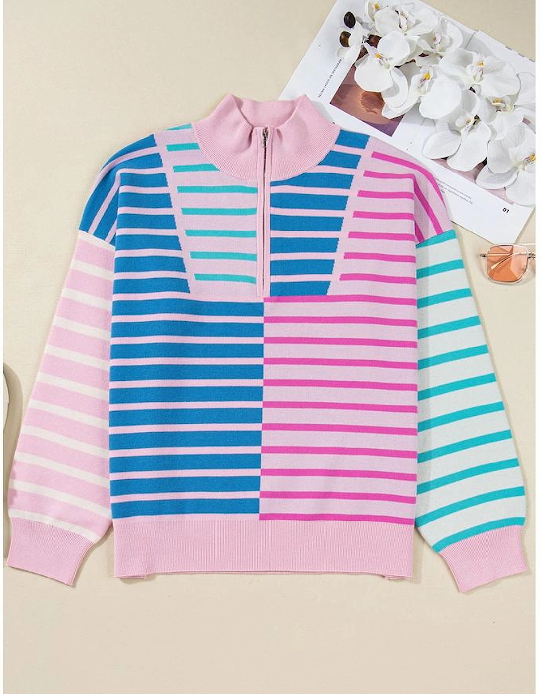 Sky Blue Stripe Colorblock Patchwork Plus Size Half Zip Sweater