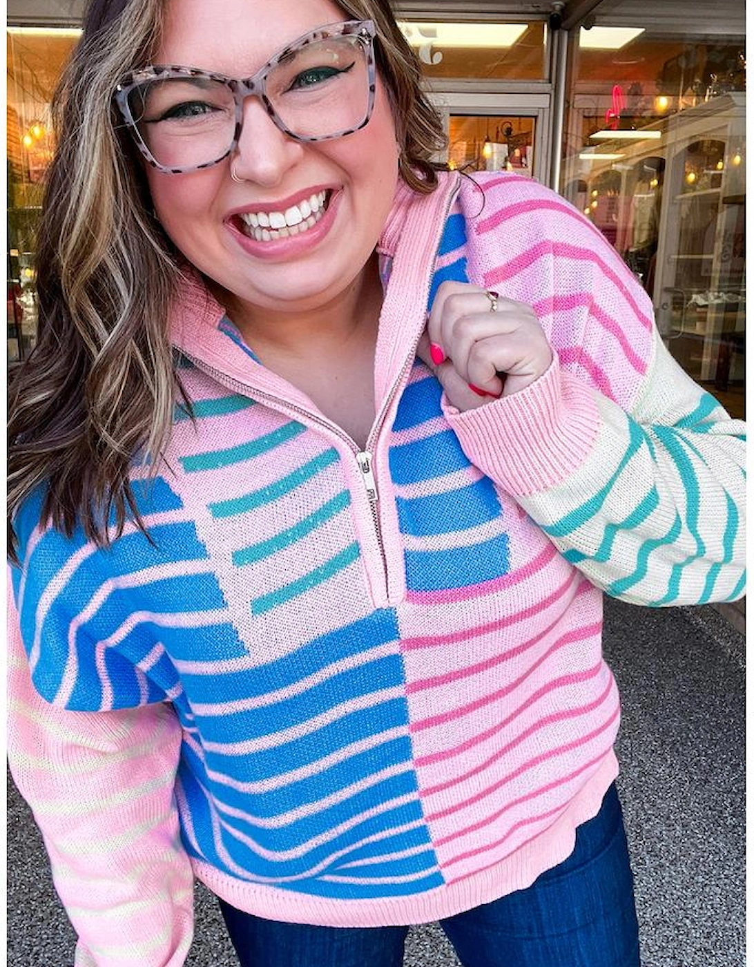 Sky Blue Stripe Colorblock Patchwork Plus Size Half Zip Sweater