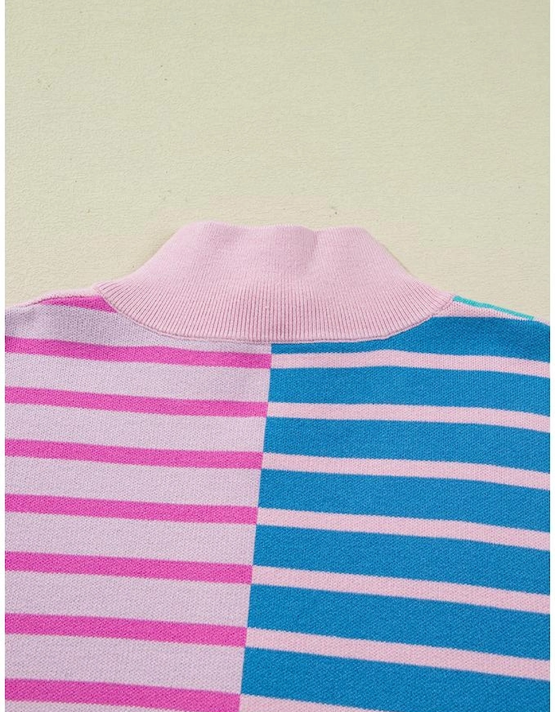 Sky Blue Stripe Colorblock Patchwork Plus Size Half Zip Sweater