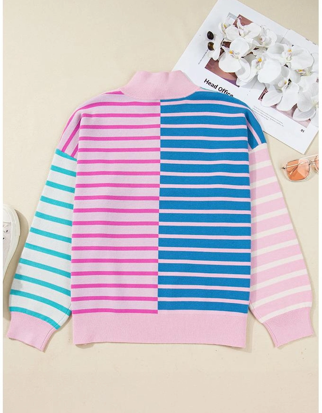 Sky Blue Stripe Colorblock Patchwork Plus Size Half Zip Sweater