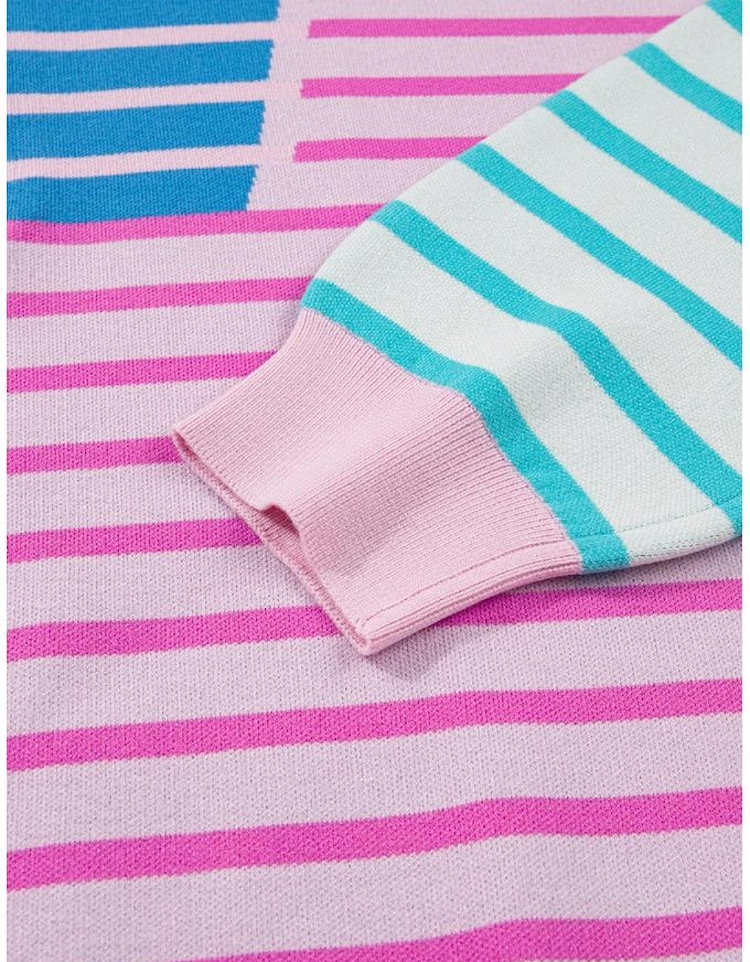 Sky Blue Stripe Colorblock Patchwork Plus Size Half Zip Sweater