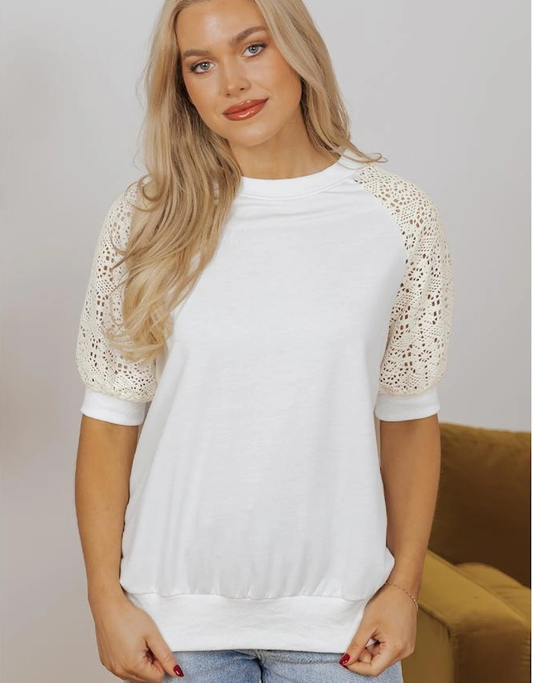 White Lace Crochet Short Sleeve Round Neck T Shirt