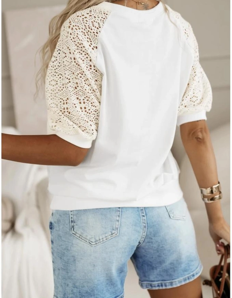 White Lace Crochet Short Sleeve Round Neck T Shirt