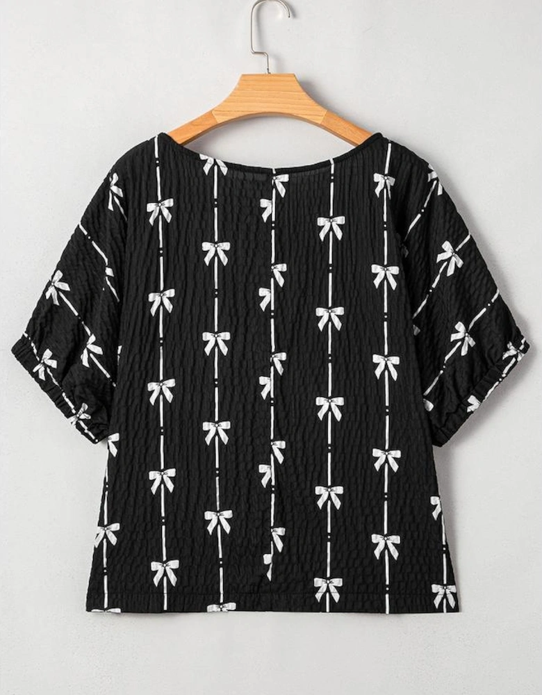 Black Bow Print Puff Short Sleeve Top