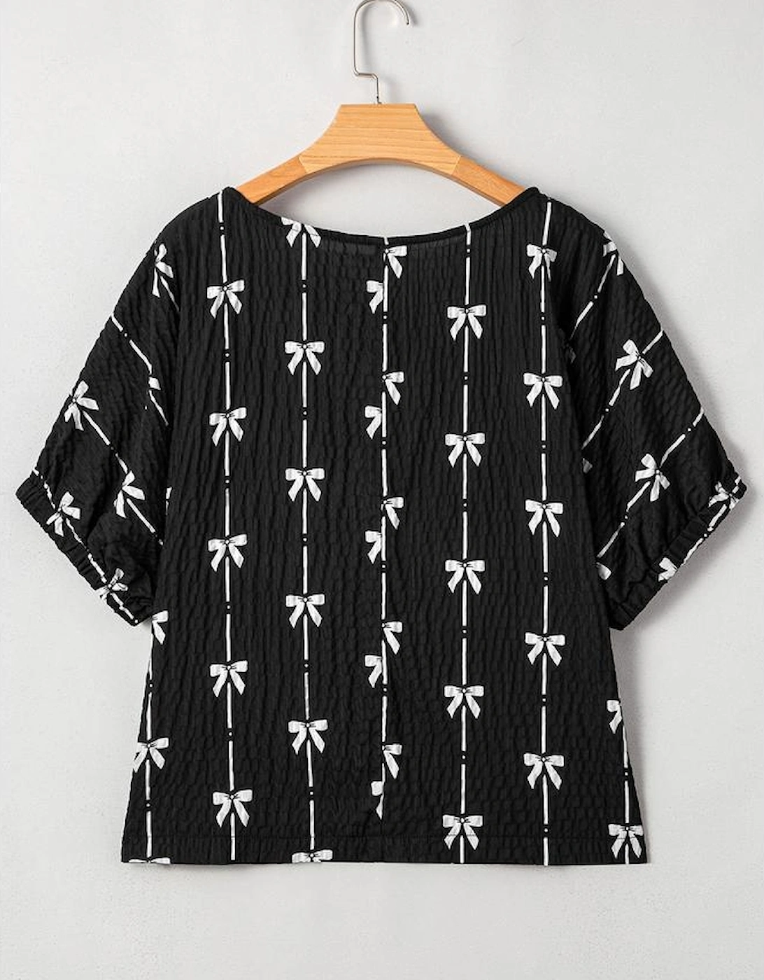 Black Bow Print Puff Short Sleeve Top