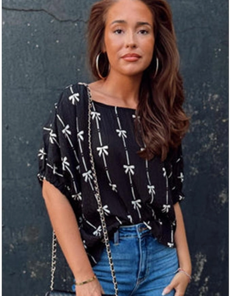 Black Bow Print Puff Short Sleeve Top