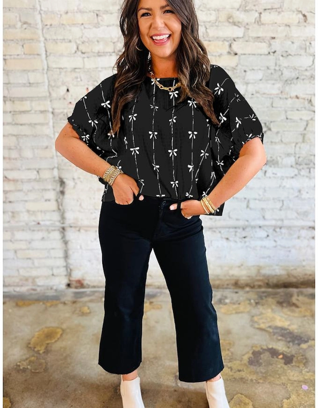Black Bow Print Puff Short Sleeve Top, 15 of 14