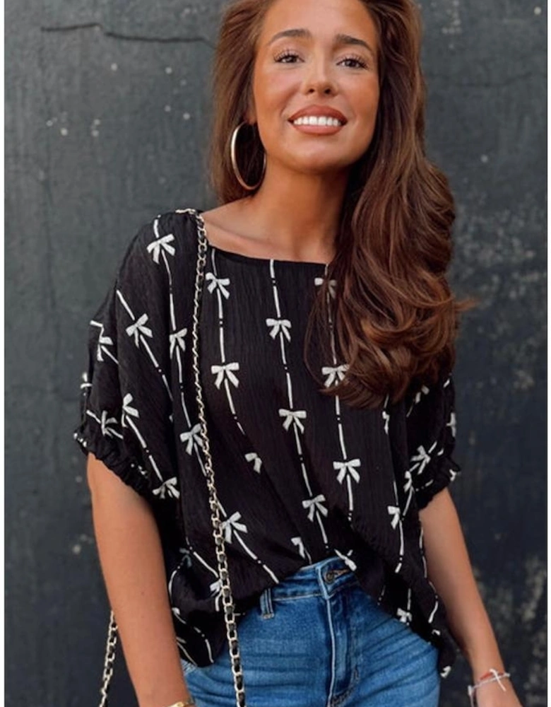 Black Bow Print Puff Short Sleeve Top
