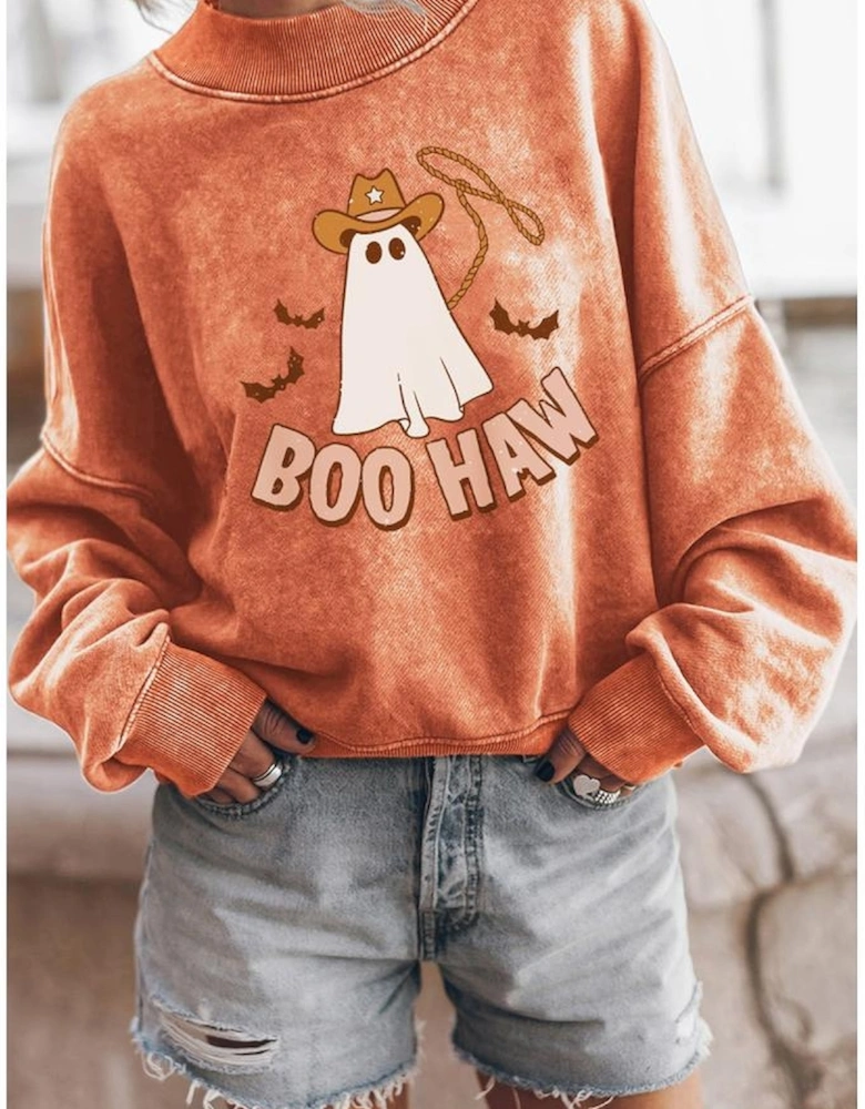 Orange BOO HAW Ghost Halloween Print Drop Sleeve Sweatshirt
