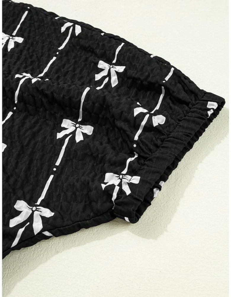 Black Bow Print Puff Short Sleeve Top