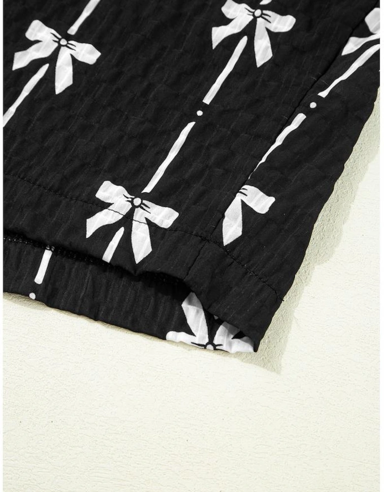 Black Bow Print Puff Short Sleeve Top