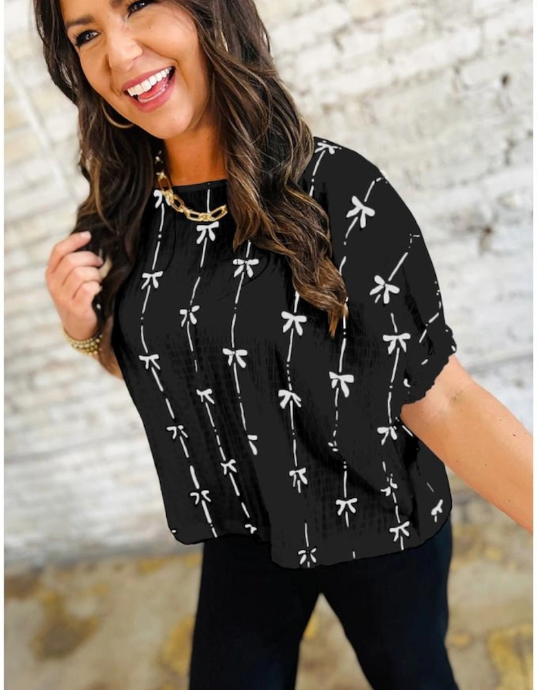 Black Bow Print Puff Short Sleeve Top