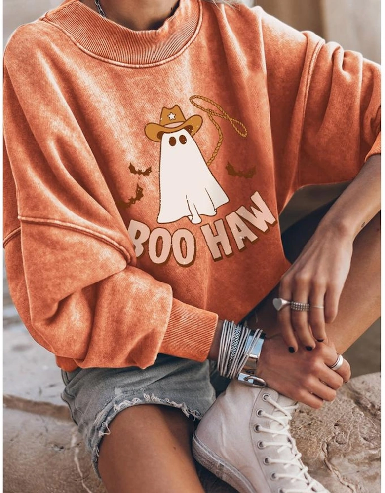 Orange BOO HAW Ghost Halloween Print Drop Sleeve Sweatshirt