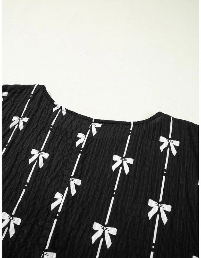 Black Bow Print Puff Short Sleeve Top
