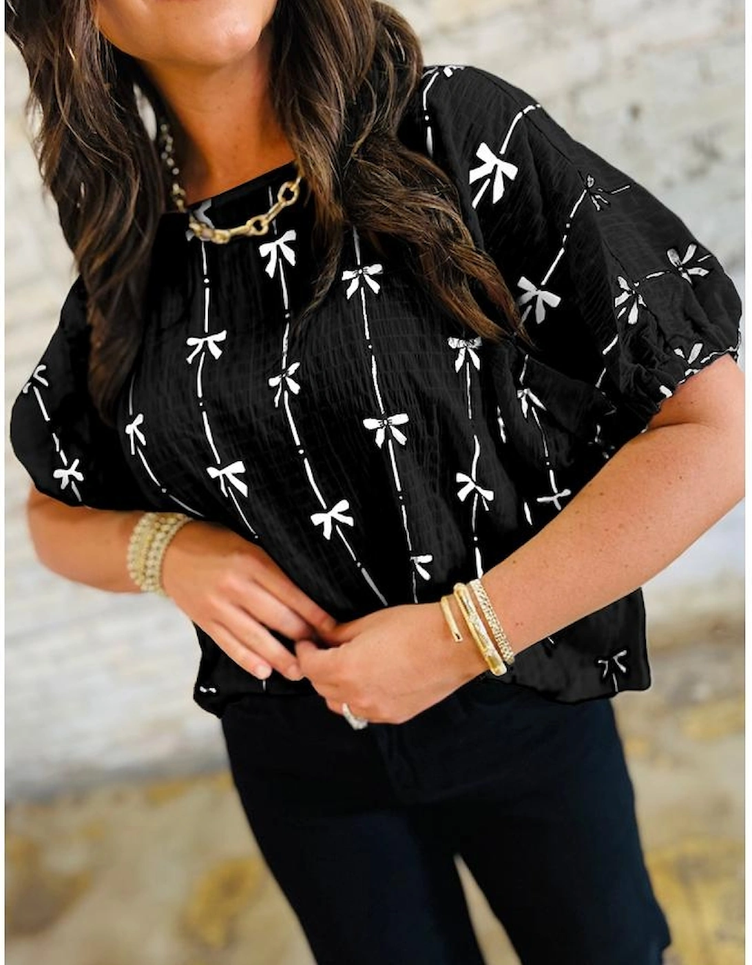 Black Bow Print Puff Short Sleeve Top