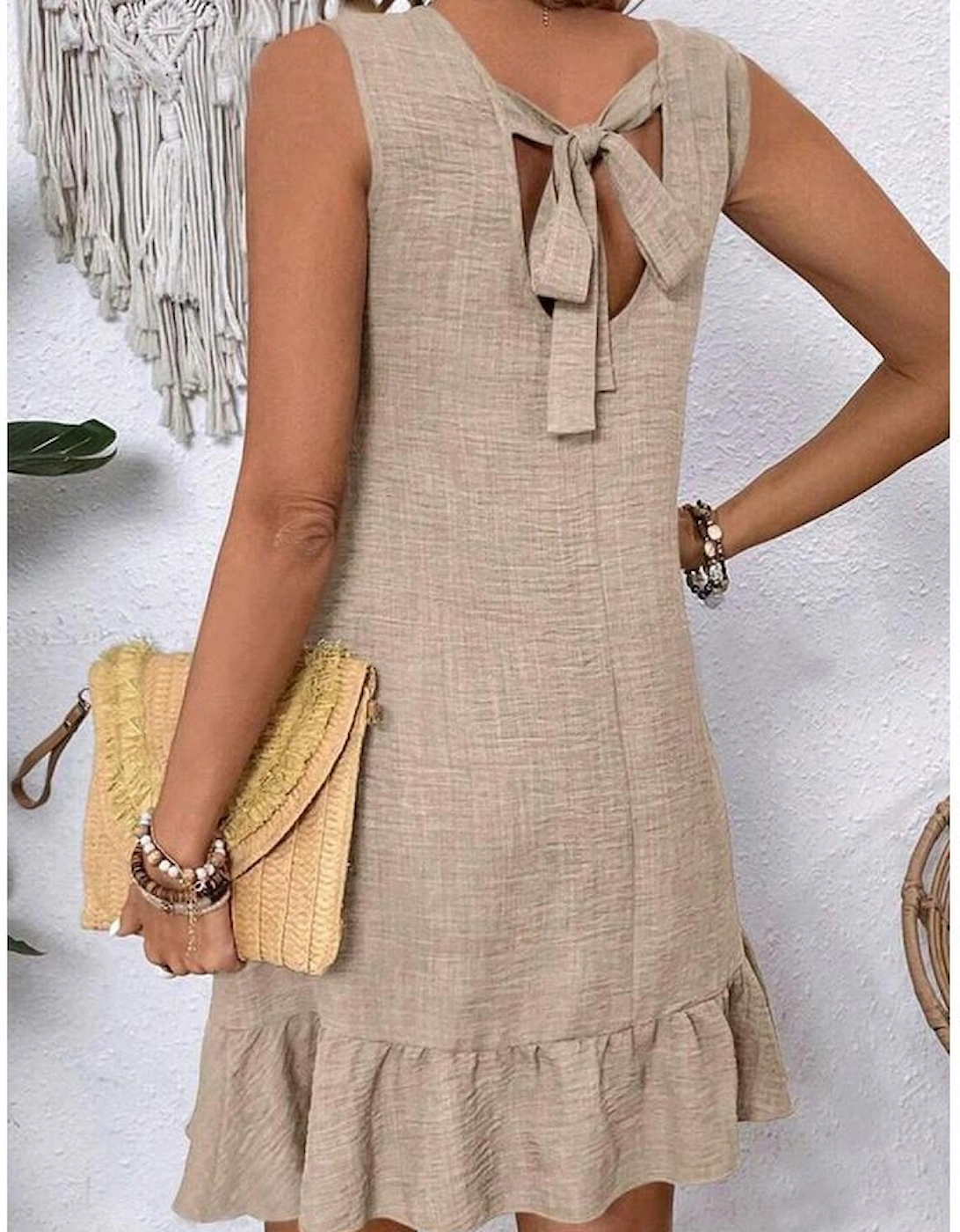 Smoke Gray Knot Scoop Back Ruffle Hem Sleeveless Mini Dress