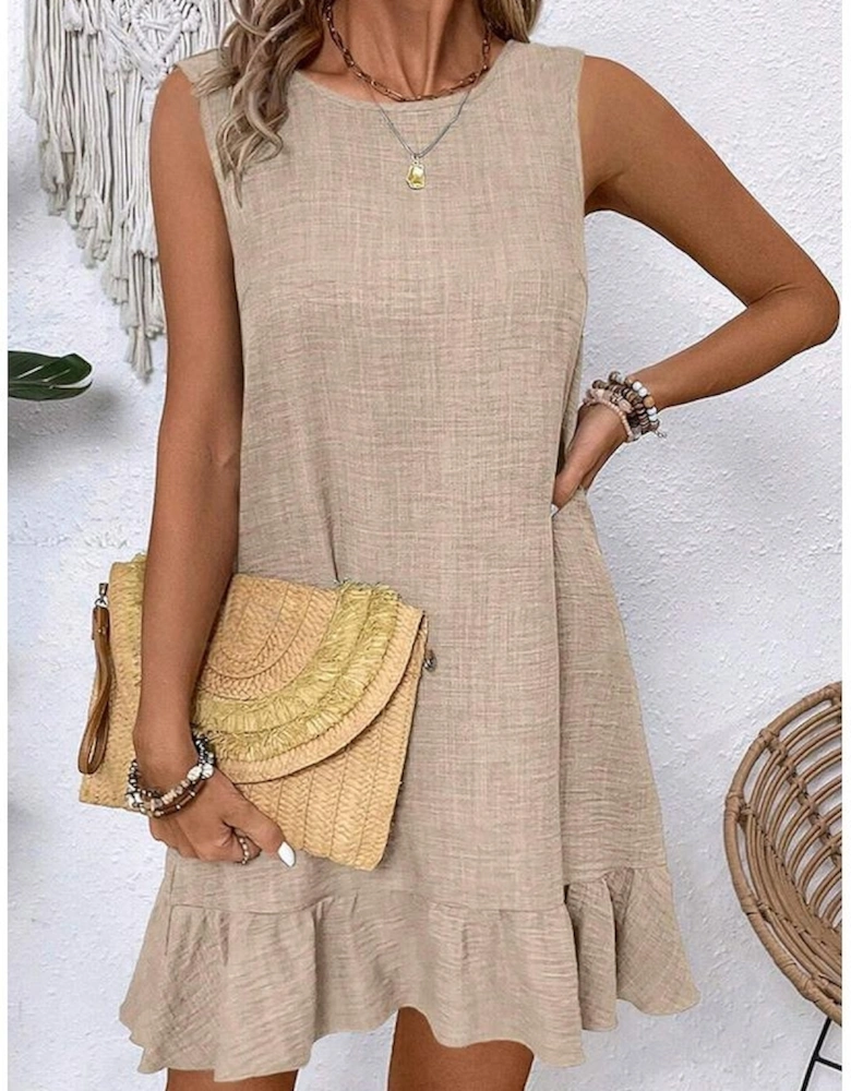 Smoke Gray Knot Scoop Back Ruffle Hem Sleeveless Mini Dress