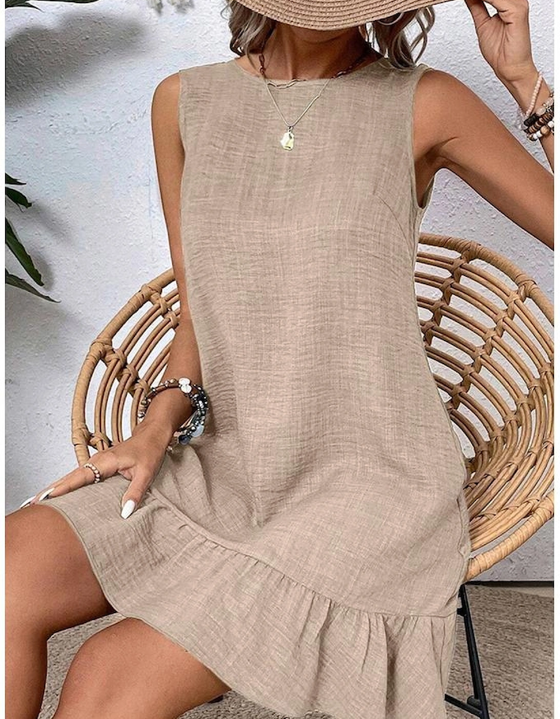 Smoke Gray Knot Scoop Back Ruffle Hem Sleeveless Mini Dress