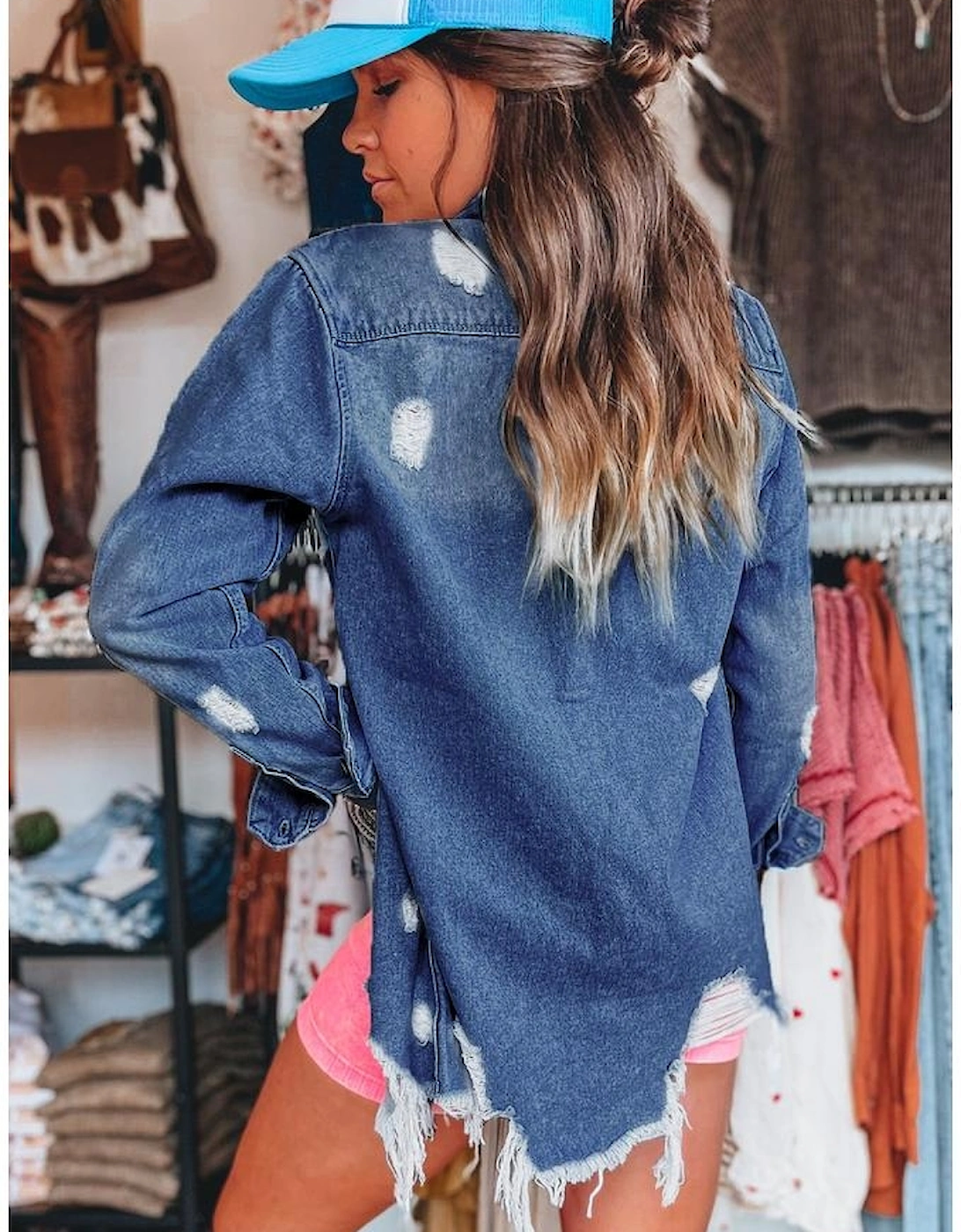 Sky Blue Light Wash Distressed Frayed Long Denim Jacket