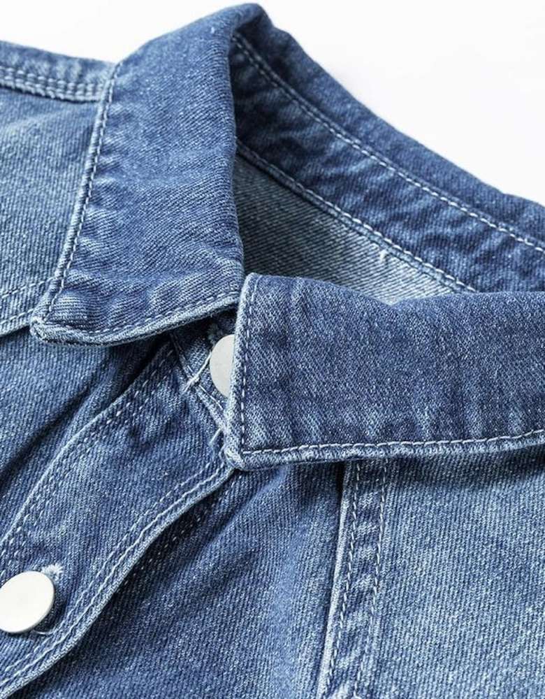 Sky Blue Light Wash Distressed Frayed Long Denim Jacket