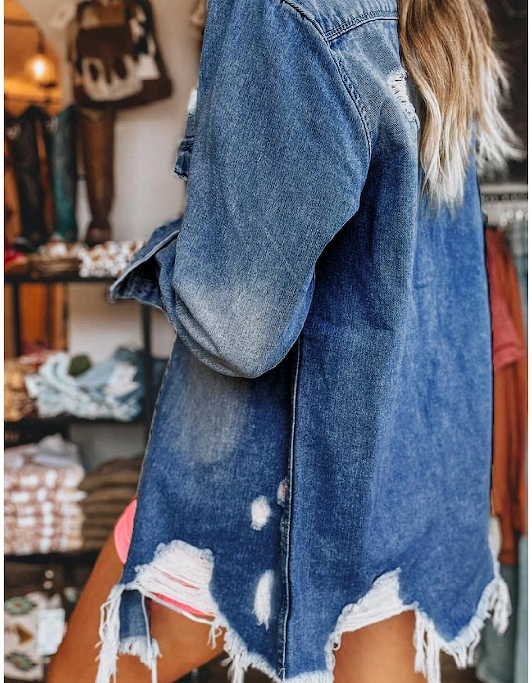 Sky Blue Light Wash Distressed Frayed Long Denim Jacket