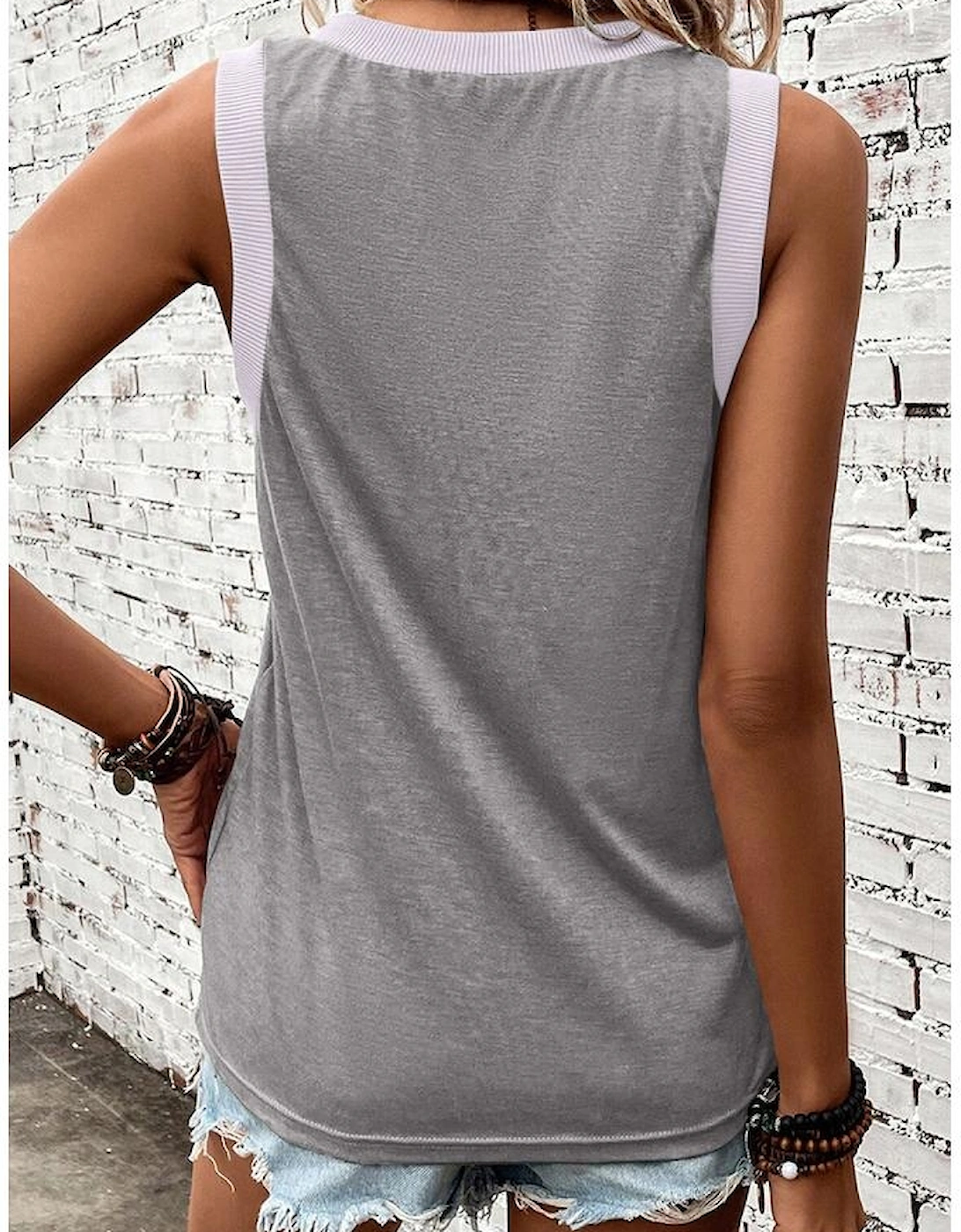 Gray Sequined Baseball Bat Graphic Ribbed Trim Casual Tank Top, 6 of 5
