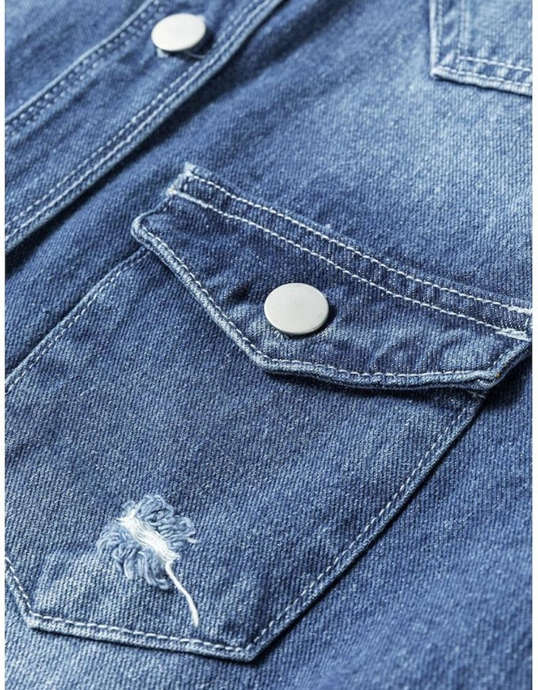 Sky Blue Light Wash Distressed Frayed Long Denim Jacket