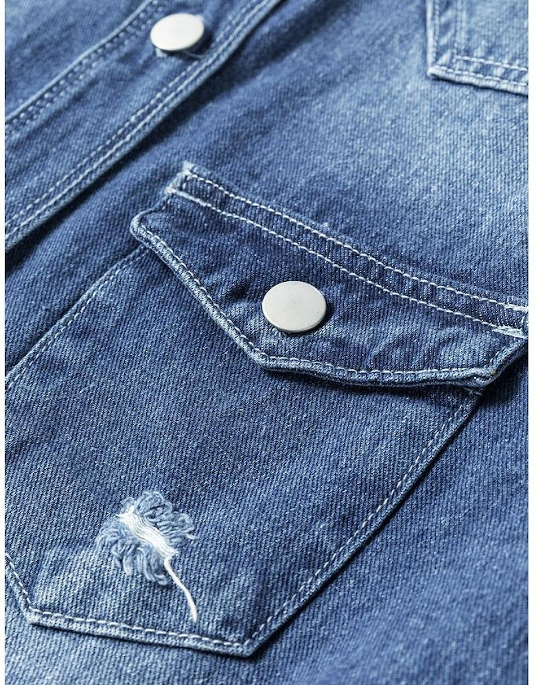 Sky Blue Light Wash Distressed Frayed Long Denim Jacket