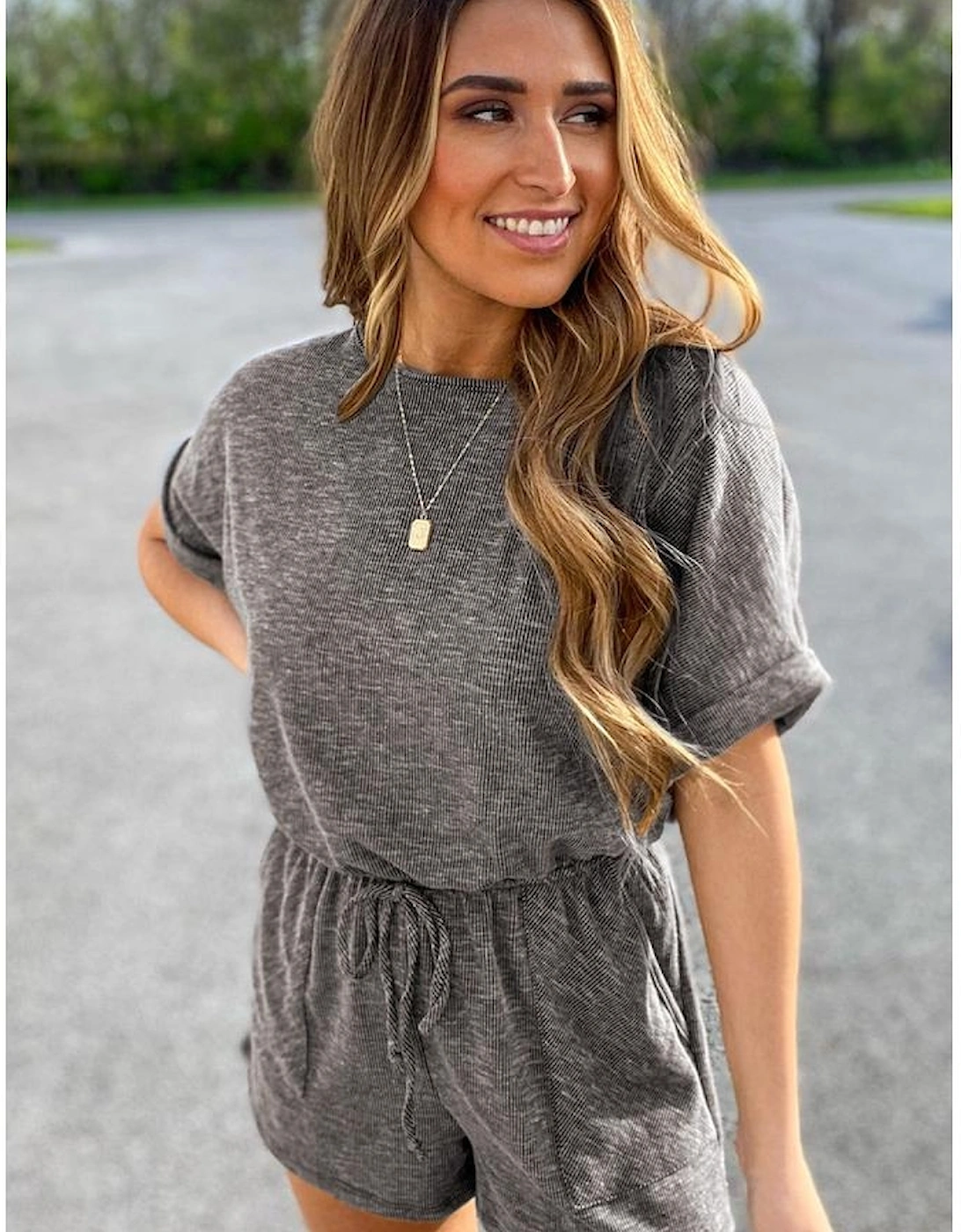 Gray Ribbed Elastic Waist Romper, 16 of 15