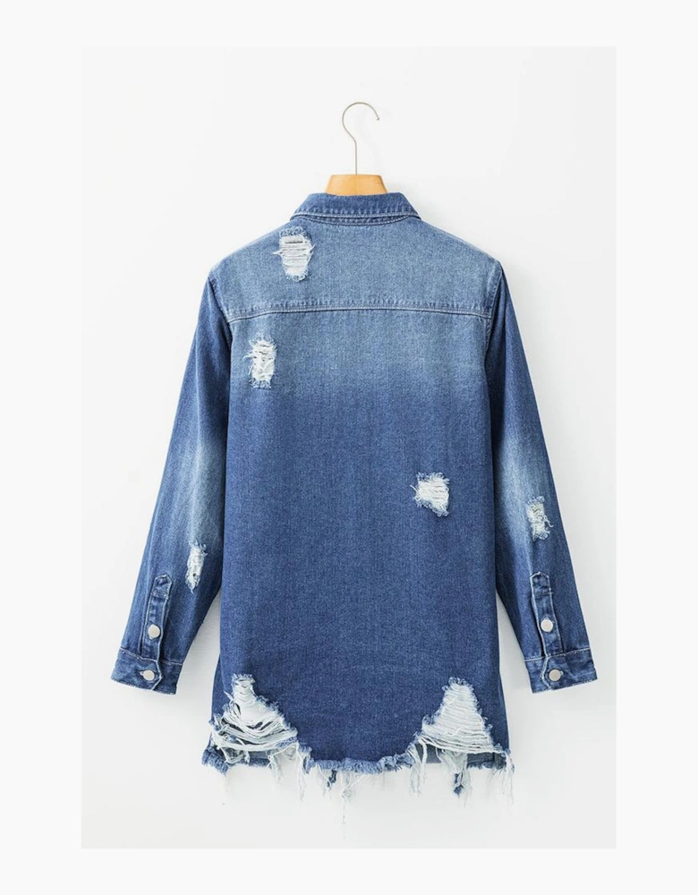 Sky Blue Light Wash Distressed Frayed Long Denim Jacket