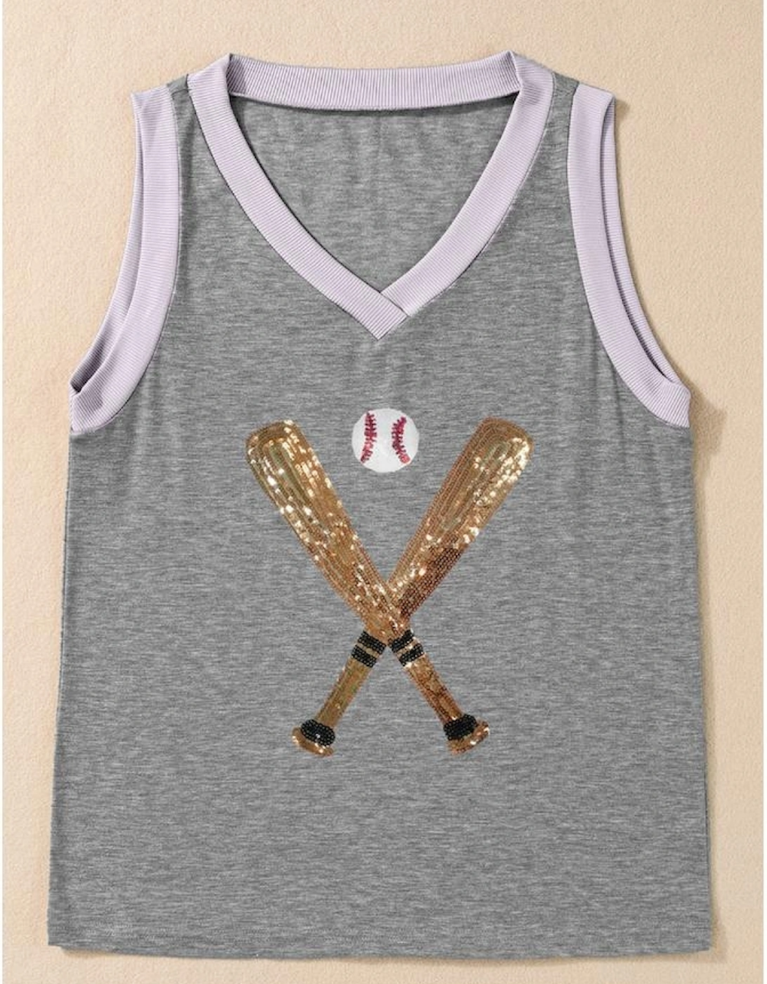 Gray Sequined Baseball Bat Graphic Ribbed Trim Casual Tank Top