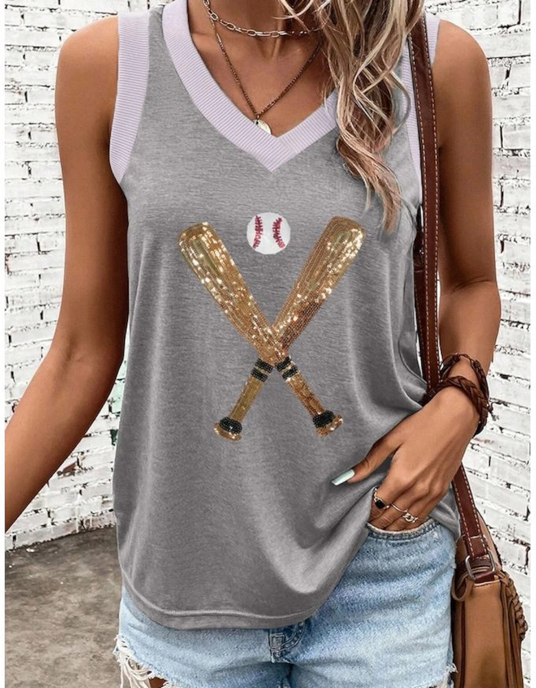 Gray Sequined Baseball Bat Graphic Ribbed Trim Casual Tank Top