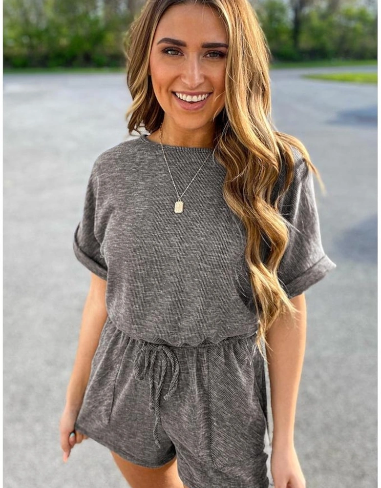 Gray Ribbed Elastic Waist Romper