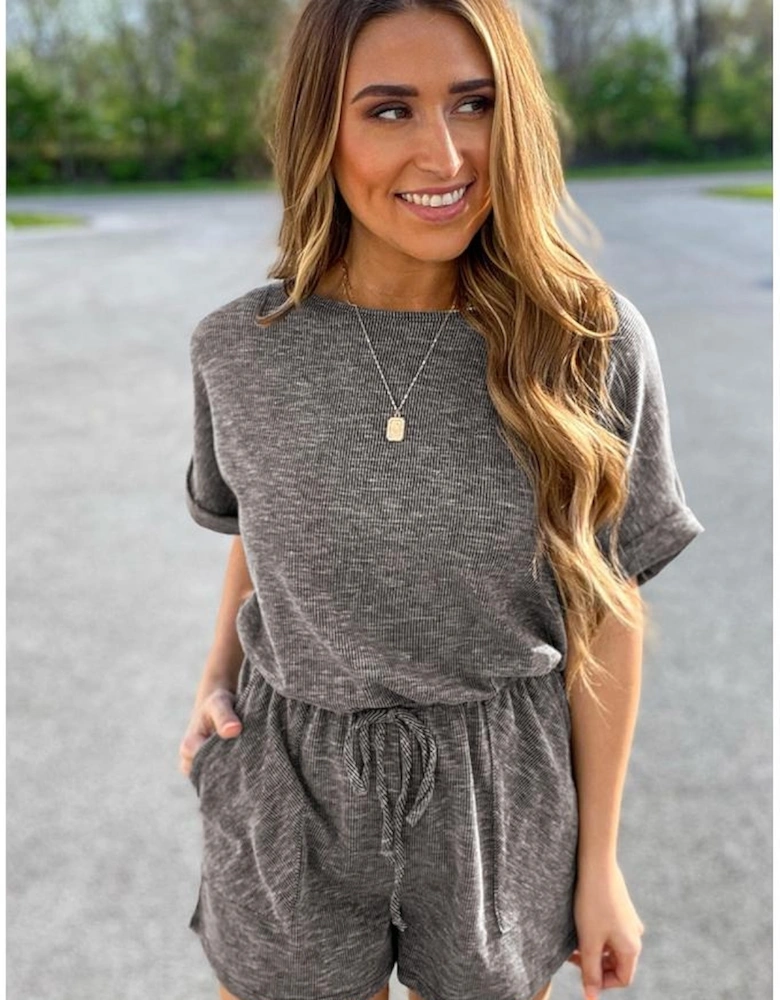 Gray Ribbed Elastic Waist Romper