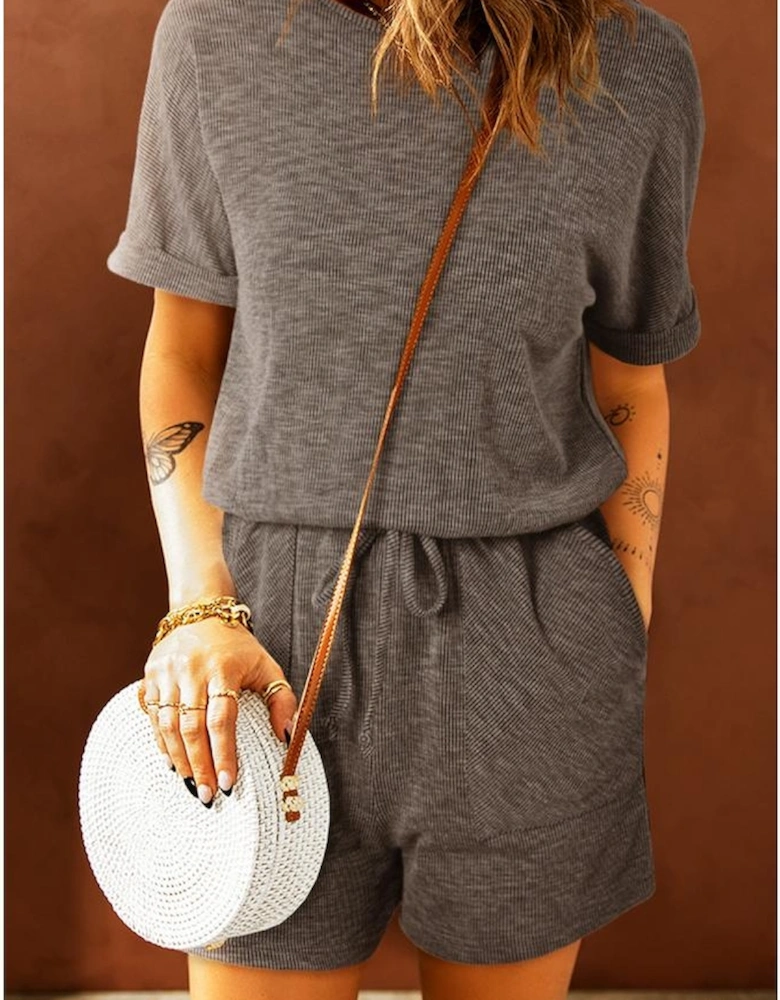 Gray Ribbed Elastic Waist Romper