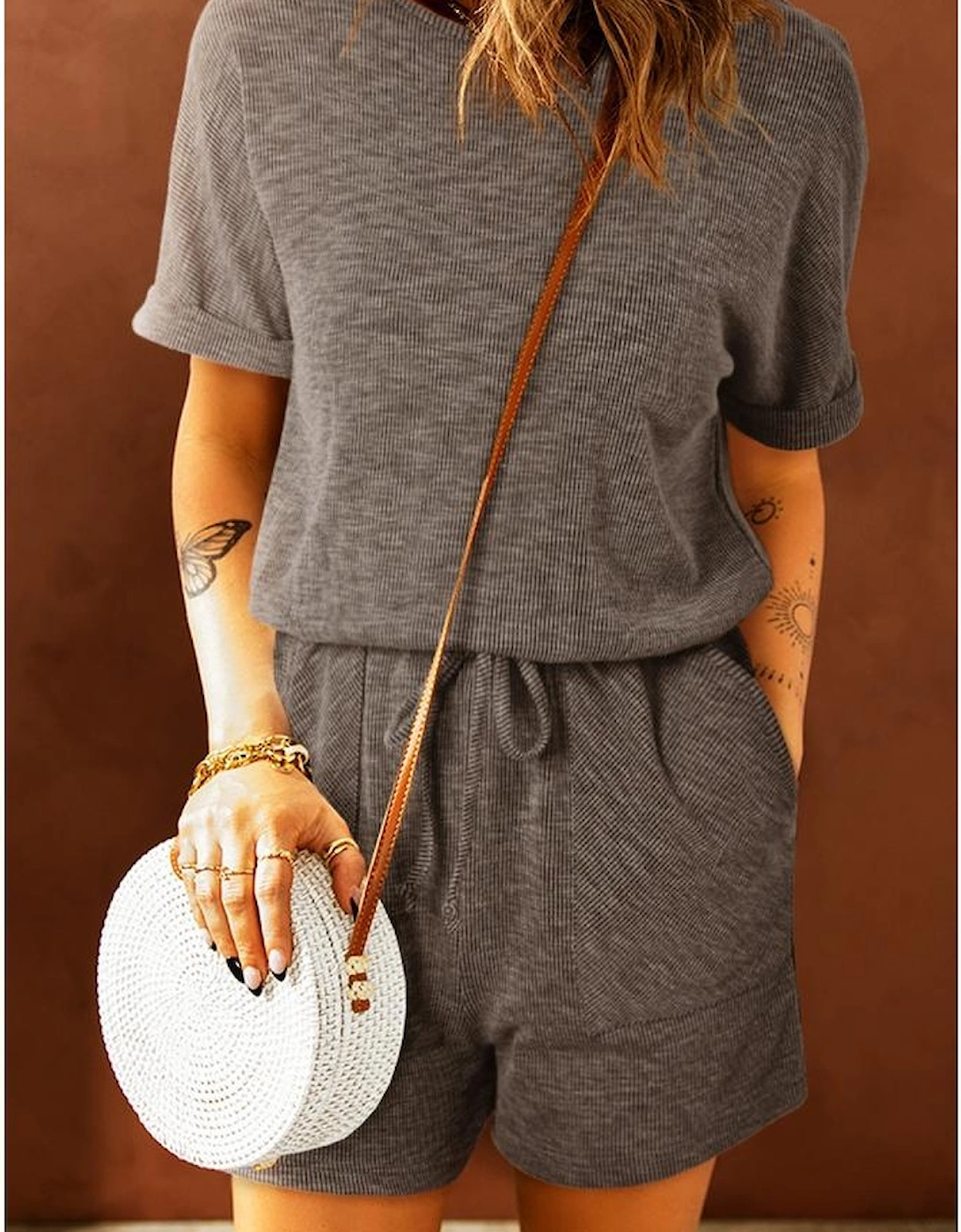 Gray Ribbed Elastic Waist Romper
